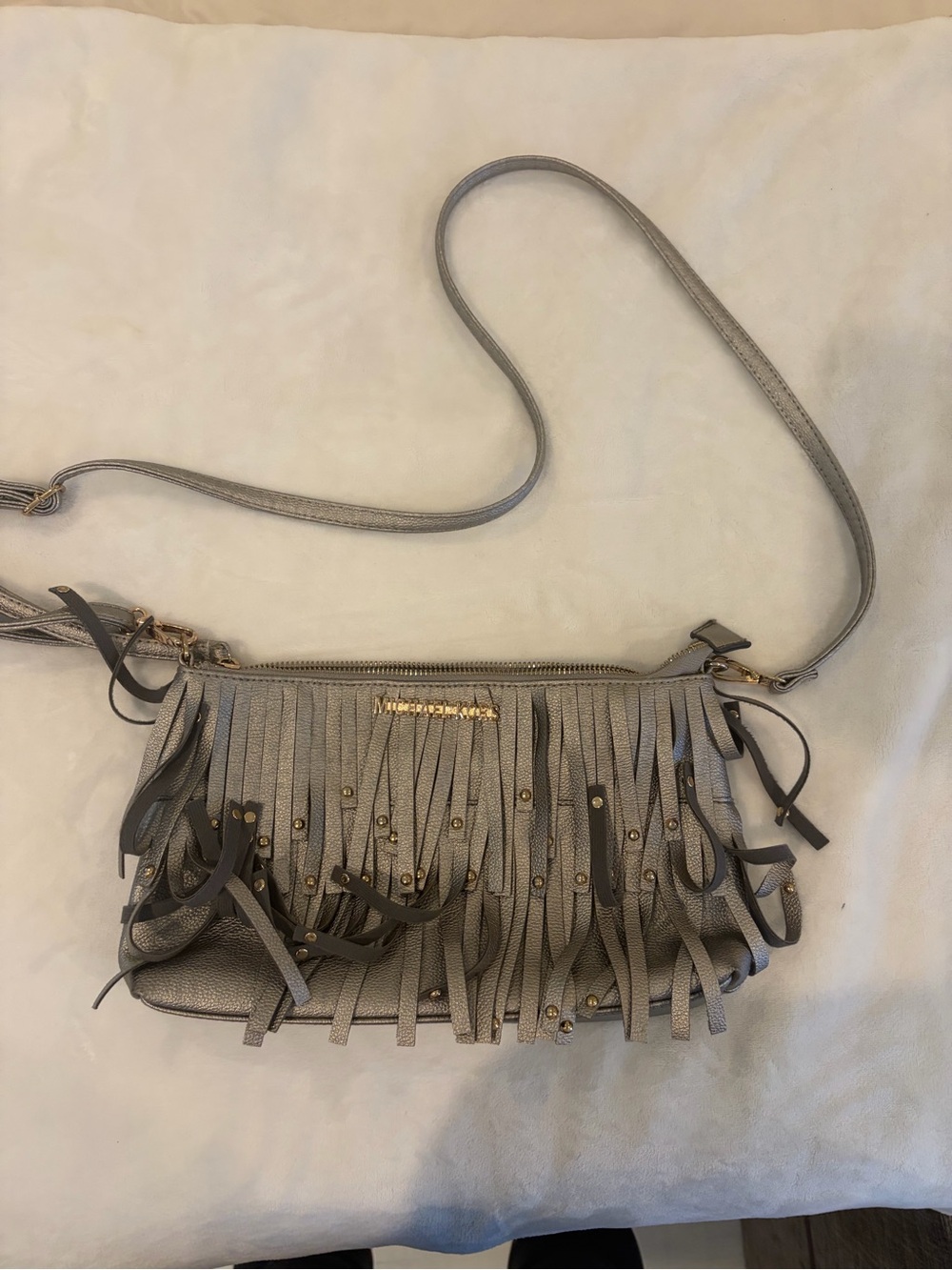 Fringe Crossbody Bag in Metallic Gray by (Unknown)